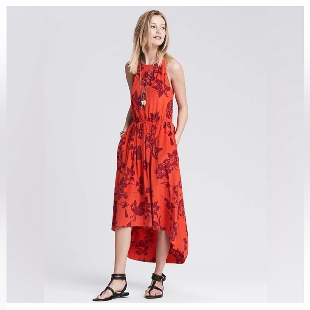 Banana Republic Silk!  Vibrant coral high low dress. Sz 8. Read description
